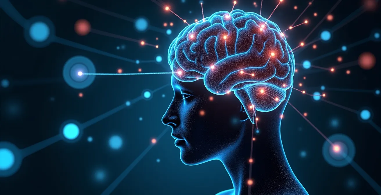 Illustration conceptuelle d’un réseau de neurones avec une symbolique du cerveau humain et des applications en FinTech