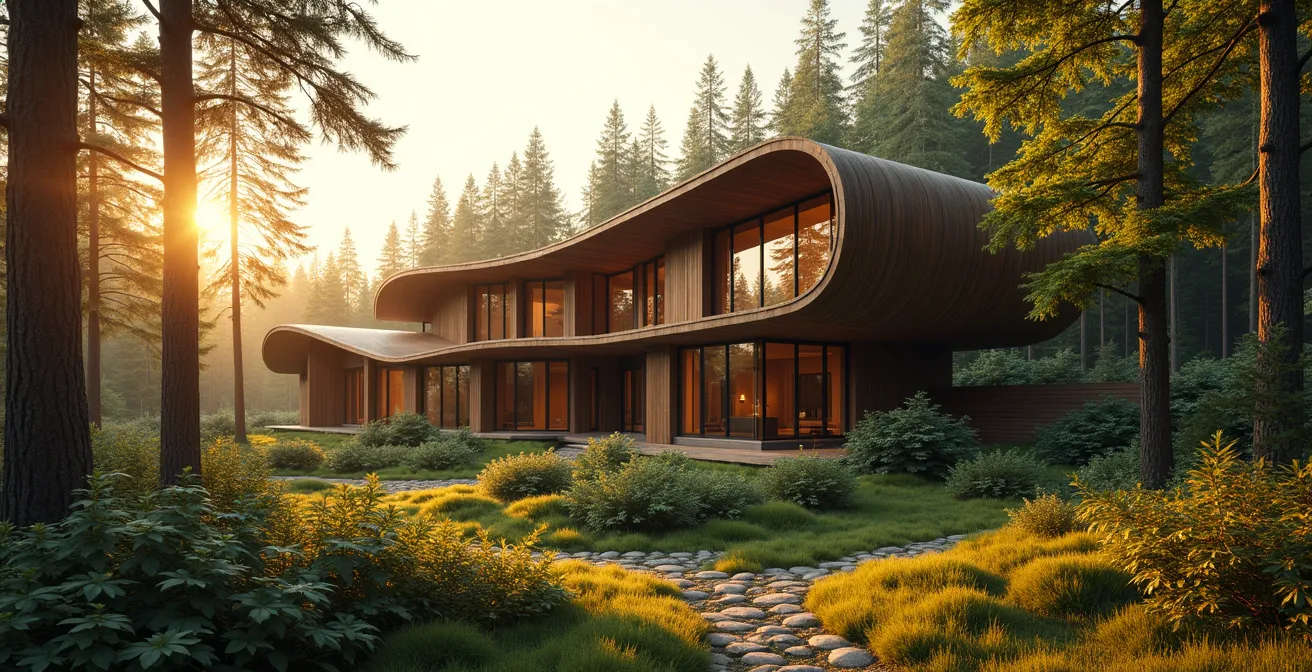 Bâtiment moderne intégrant des éléments traditionnels autochtones en harmonie avec la nature environnante, situé en forêt canadienne