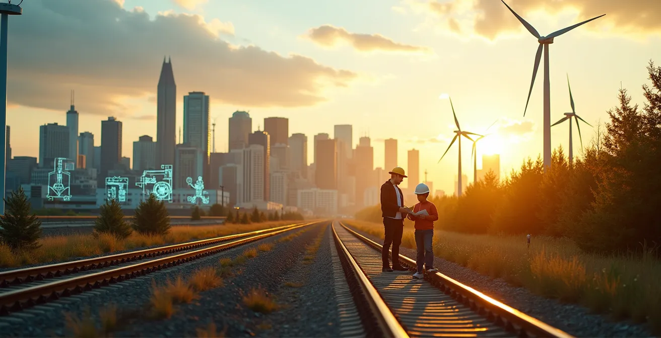 Une vue urbaine de Calgary, intégrant des startups énergétiques, des robots industriels et des symboles d’énergie propre, reflétant l’innovation environnementale.