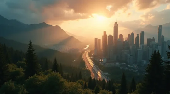 Paysage contrasté du Canada montrant une forêt sauvage à gauche et une ville moderne avec gratte-ciel futuristes à droite