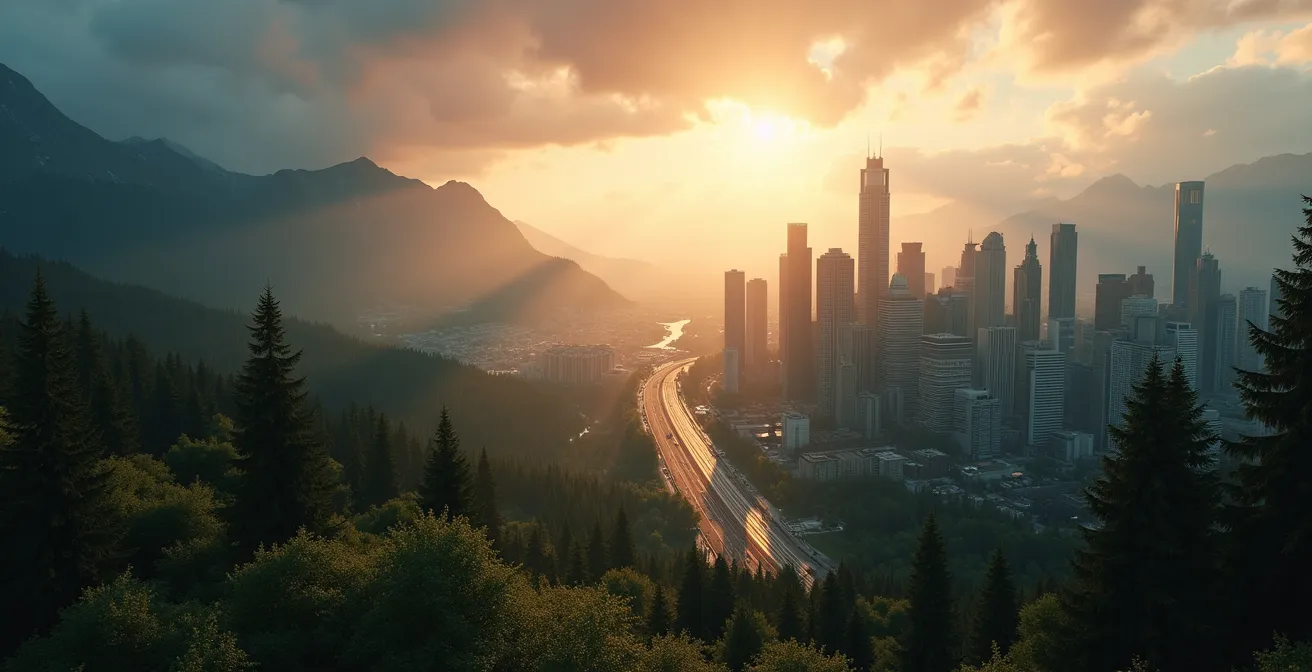 Paysage contrasté du Canada montrant une forêt sauvage à gauche et une ville moderne avec gratte-ciel futuristes à droite