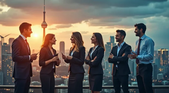 Une scène dynamique montrant des professionnels divers au travail devant des symboles forts des villes canadiennes, représentant les secteurs phares de Toronto, Montréal, Calgary et Vancouver.