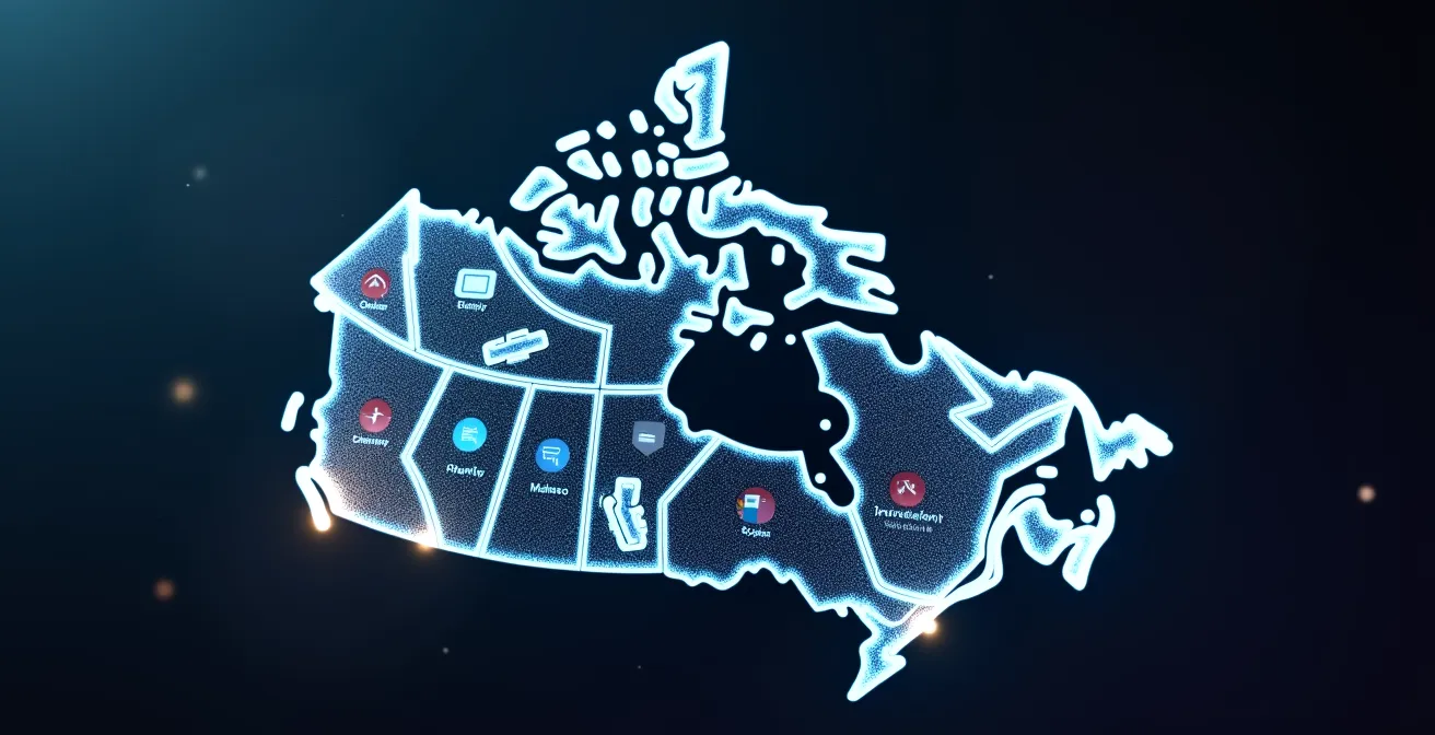 Carte du Canada illustrant les différents pôles technologiques avec leurs spécialisations sectorielles représentées visuellement