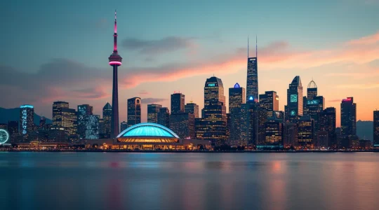 Illustration symbolique montrant les skylines de Toronto, Montréal et Vancouver avec des éléments technologiques caractéristiques de chaque ville