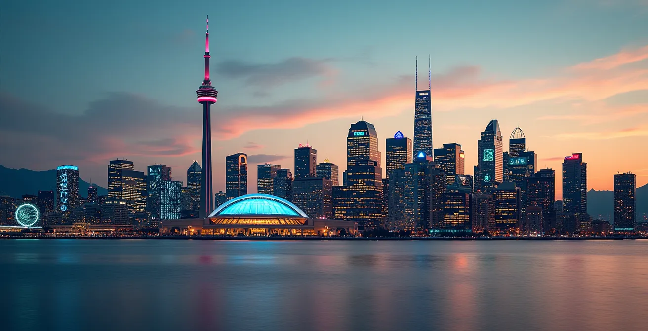 Illustration symbolique montrant les skylines de Toronto, Montréal et Vancouver avec des éléments technologiques caractéristiques de chaque ville
