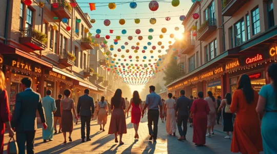 Une mosaïque colorée représentant la diversité culturelle canadienne avec des personnes de différentes origines interagissant dans un cadre urbain multiculturel