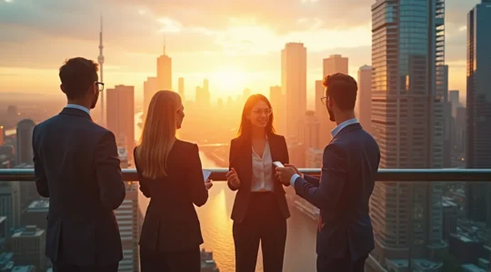 Vue panoramique d'une métropole canadienne dynamique avec des bâtiments modernes, des entrepreneurs au travail et des symboles d'innovation et de croissance économique.