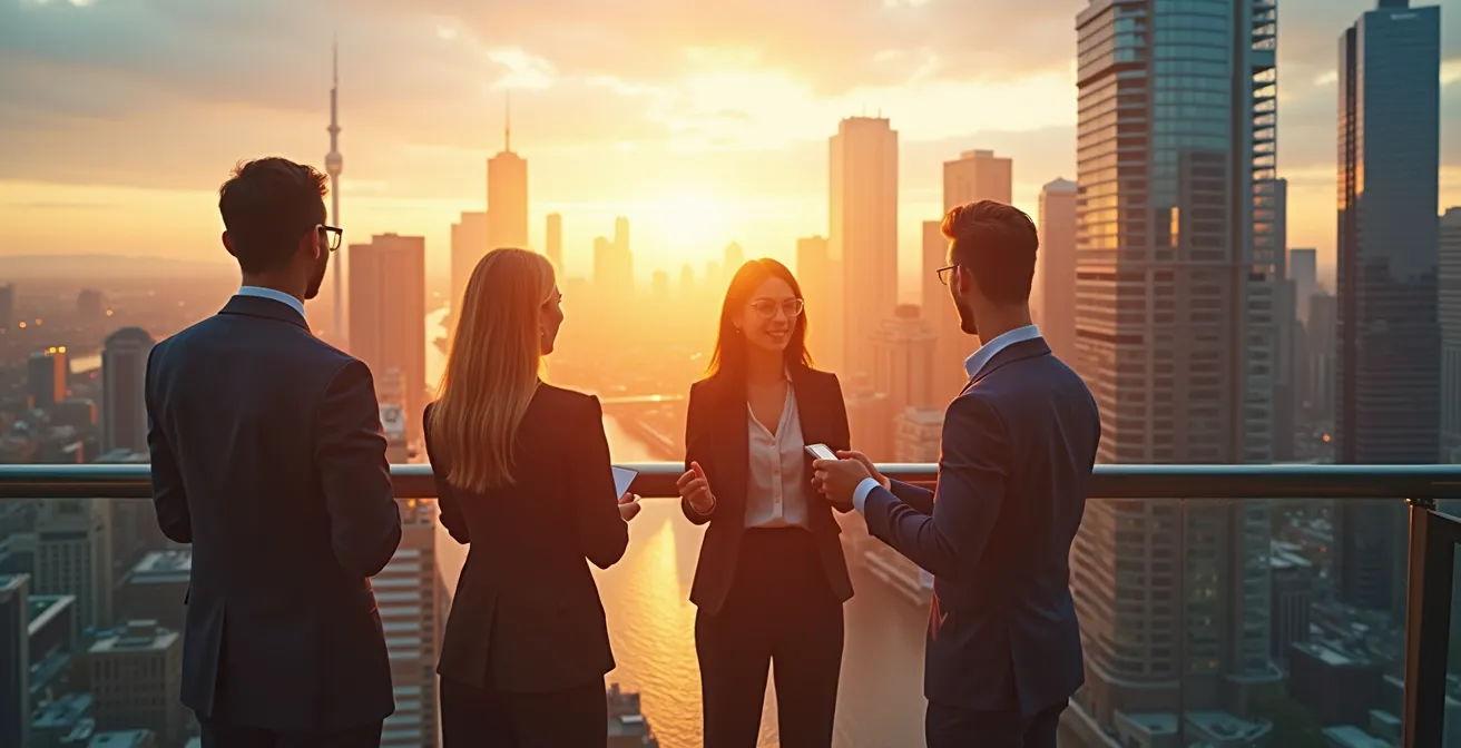 Vue panoramique d'une métropole canadienne dynamique avec des bâtiments modernes, des entrepreneurs au travail et des symboles d'innovation et de croissance économique.