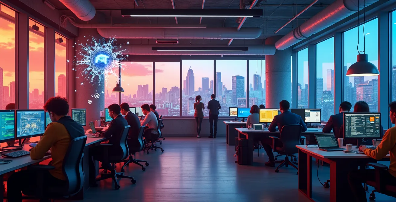 Représentation visuelle de l'écosystème créatif montréalais mêlant IA, jeu vidéo et créativité numérique avec des éléments architecturaux européens