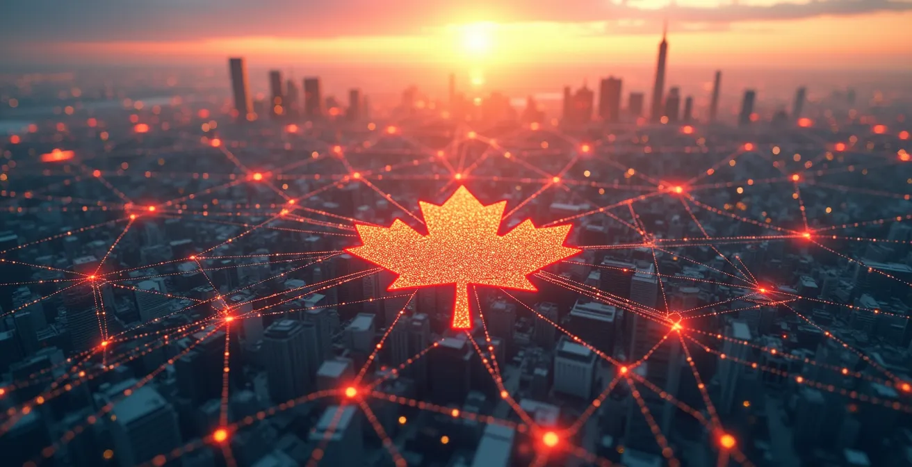 Représentation visuelle de l'écosystème d'intelligence artificielle canadien connectant la recherche universitaire aux applications industrielles