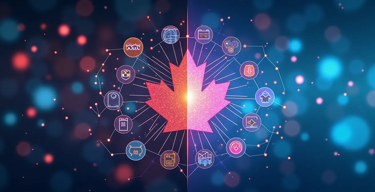 Illustration comparative des éléments clés des écosystèmes technologiques entre Québec et Ontario, avec des symboles de talents, technologies et langues.