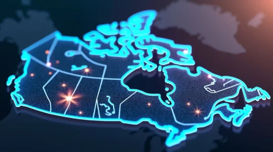 Carte stylisée du Canada mettant en évidence les secteurs FinTech émergents avec des icônes symboliques de la finance numérique et de la technologie