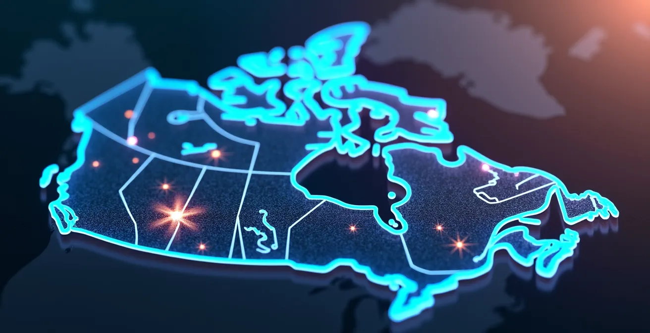Carte stylisée du Canada mettant en évidence les secteurs FinTech émergents avec des icônes symboliques de la finance numérique et de la technologie