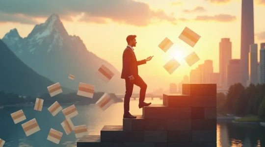 Illustration montrant une personne canadienne en train de gravir une échelle composée de diplômes et de certifications, symbolisant la progression professionnelle grâce à la formation continue.