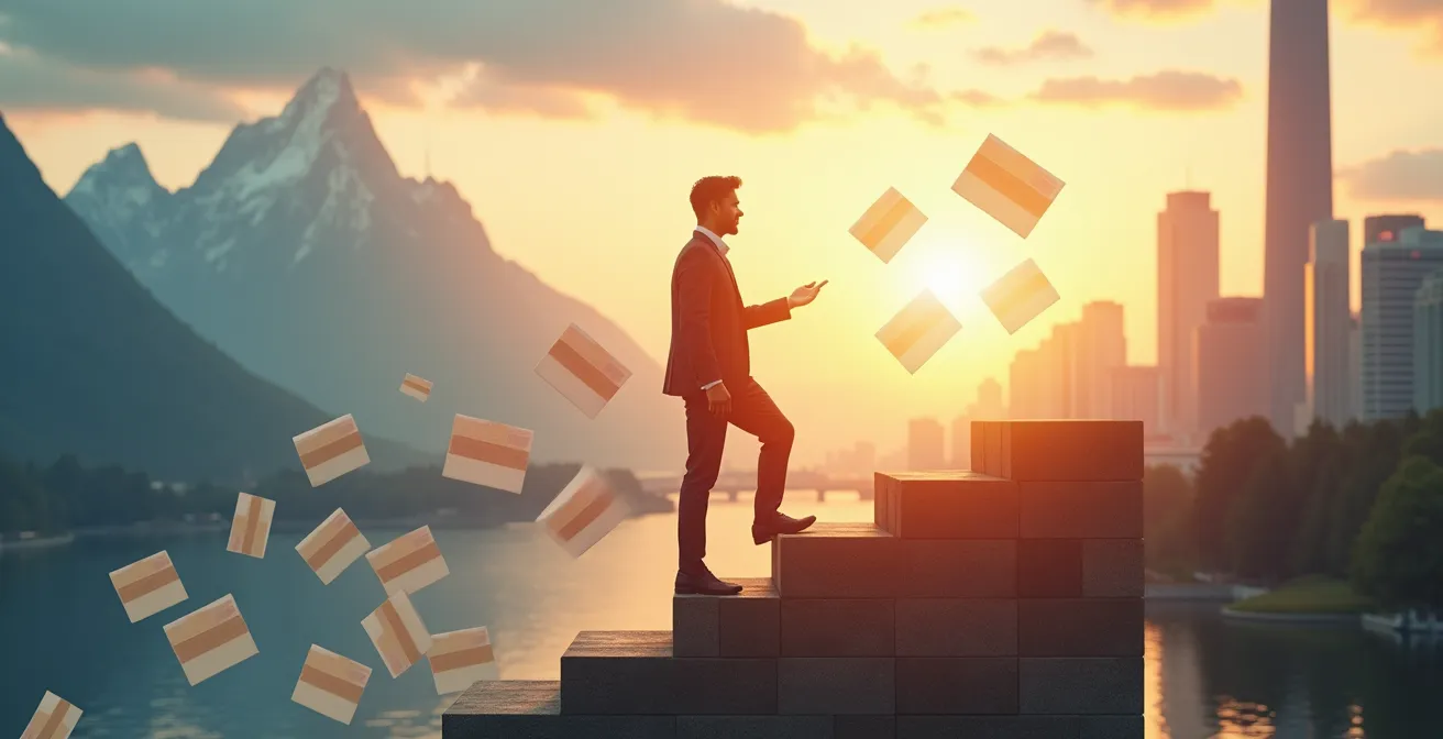 Illustration montrant une personne canadienne en train de gravir une échelle composée de diplômes et de certifications, symbolisant la progression professionnelle grâce à la formation continue.