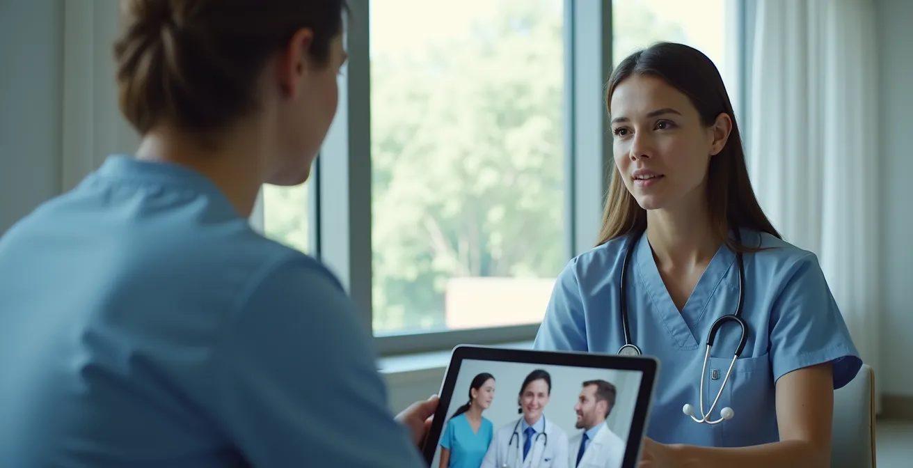 Illustration représentant un patient consultant une infirmière praticienne spécialisée en télésanté dans un cadre moderne