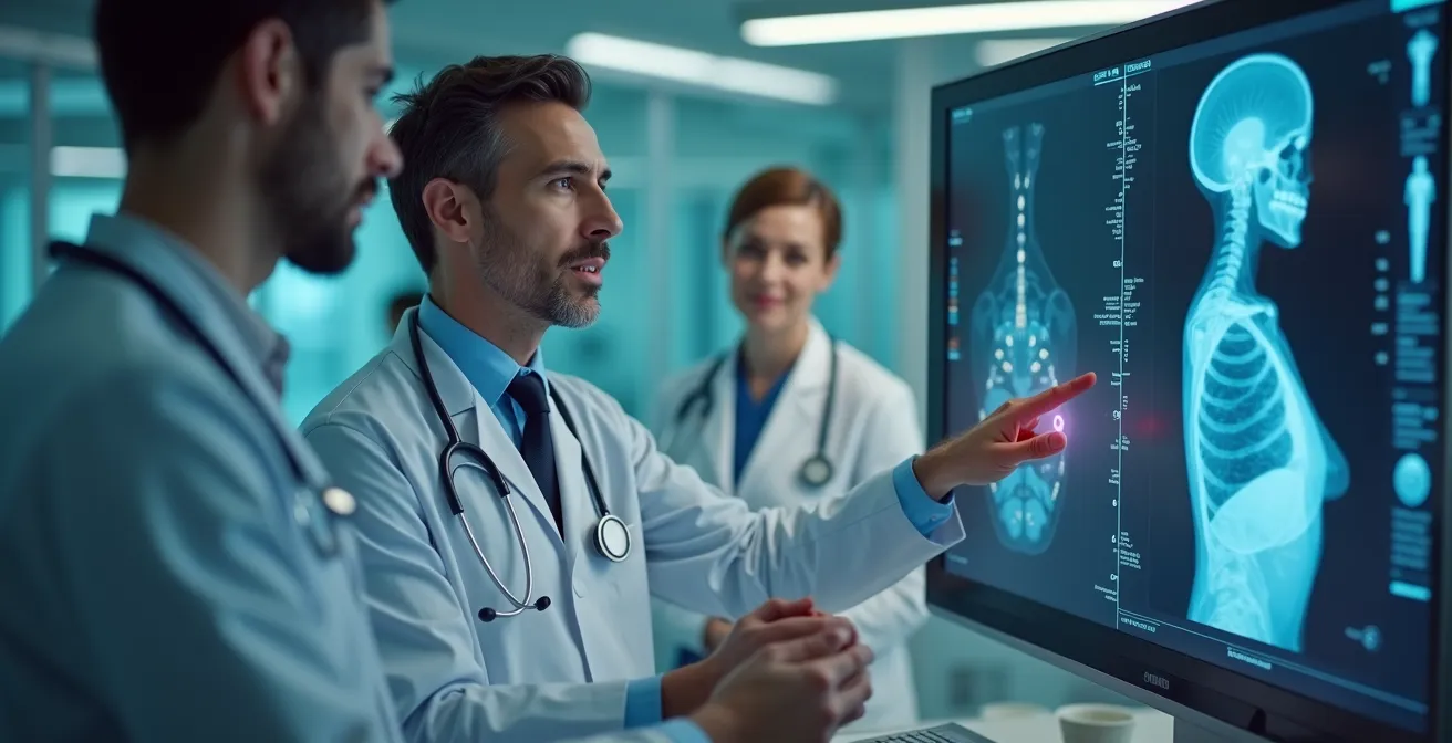 Scène médicale moderne montrant l'intégration de l'intelligence artificielle dans le diagnostic médical au Canada
