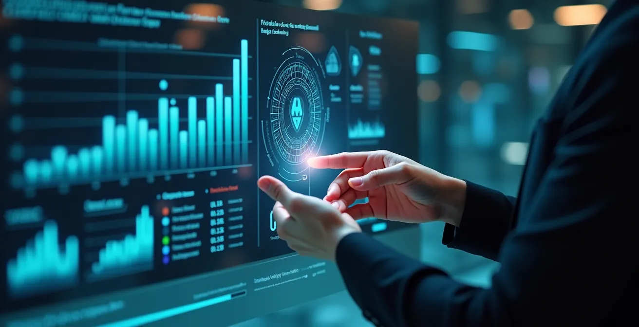 Visuel futuriste d’une interface financière pilotée par IA générative avec des graphiques financiers dynamiques et une figure humaine en interaction