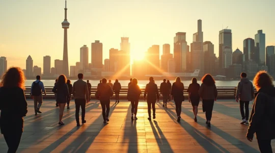 Une vue panoramique stylisée mêlant les skylines emblématiques de Montréal, Toronto, Vancouver et Calgary dans une atmosphère chaleureuse illustrant la diversité urbaine du Canada.