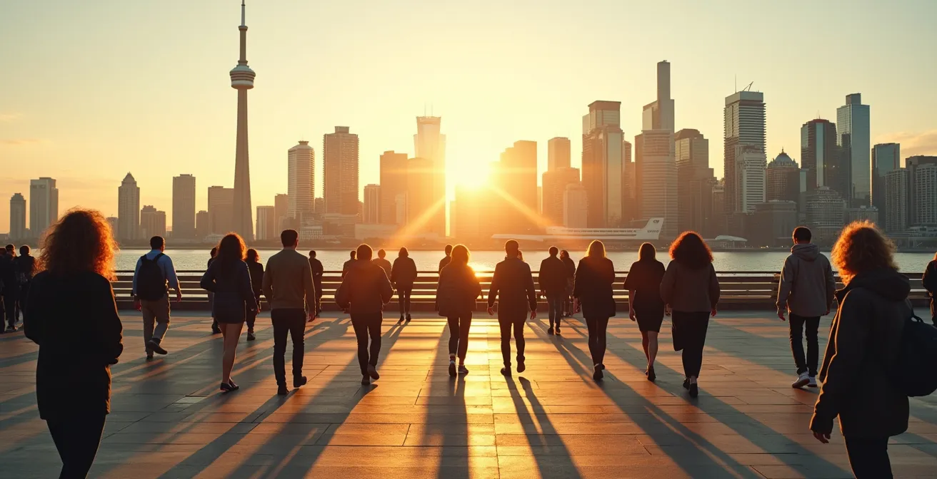Une vue panoramique stylisée mêlant les skylines emblématiques de Montréal, Toronto, Vancouver et Calgary dans une atmosphère chaleureuse illustrant la diversité urbaine du Canada.
