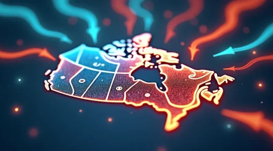 Une image symbolique du modèle économique canadien attirant des talents internationaux, représentant une carte du Canada avec des flèches colorées venant de différents pays du monde