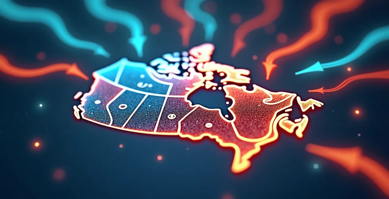 Une image symbolique du modèle économique canadien attirant des talents internationaux, représentant une carte du Canada avec des flèches colorées venant de différents pays du monde