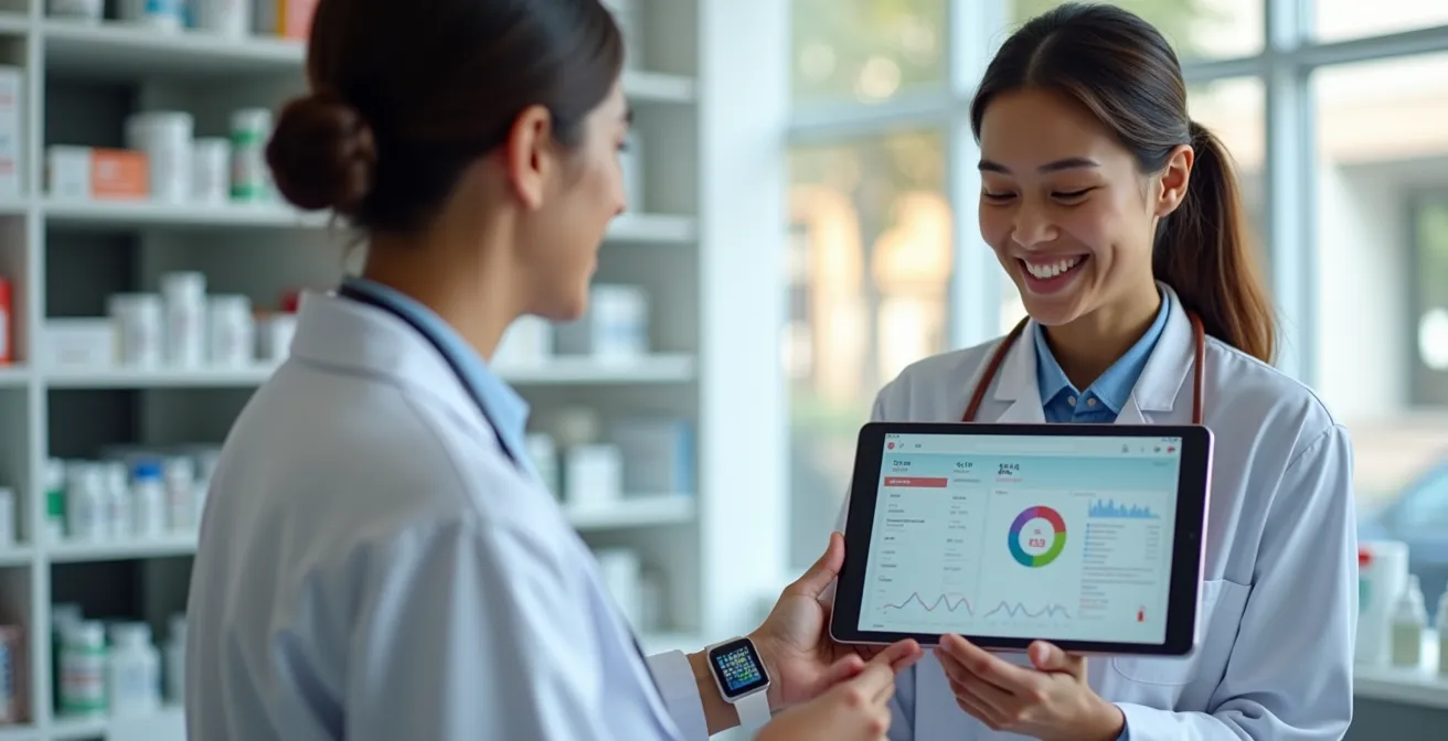 Illustration montrant un pharmacien consultant un patient avec des données de santé connectées, symbolisant son rôle élargi.