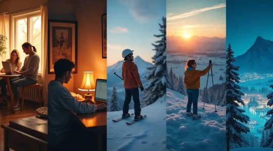 Une mosaïque de scènes canadiennes représentant la qualité de vie : une famille en plein air dans un parc, un professionnel en télétravail près d'une fenêtre, un médecin dans une clinique, un skieur souriant et un réseau urbain hivernal.