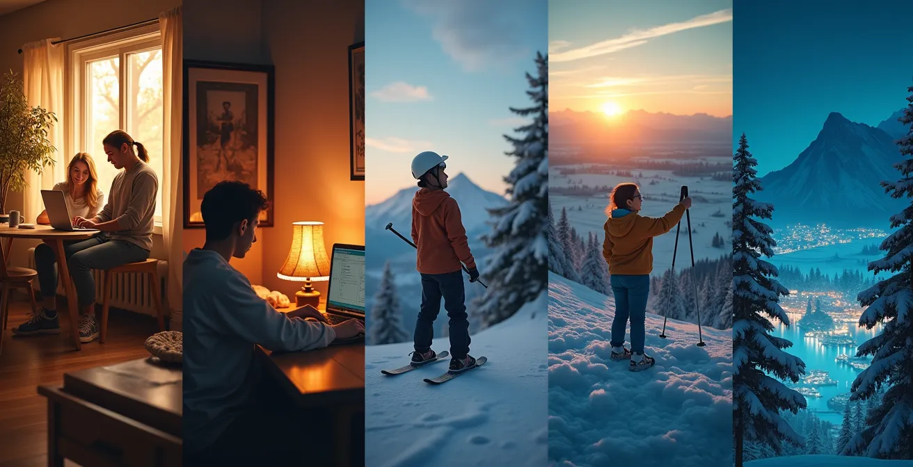 Une mosaïque de scènes canadiennes représentant la qualité de vie : une famille en plein air dans un parc, un professionnel en télétravail près d'une fenêtre, un médecin dans une clinique, un skieur souriant et un réseau urbain hivernal.