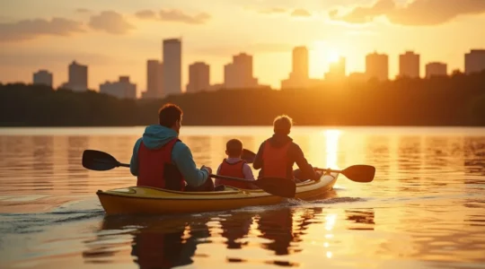 Une scène symbolique montrant une famille canadienne profitant d'une activité en plein air au coucher du soleil, représentant l'équilibre vie professionnelle et personnelle, avec des éléments naturels et urbains représentant la société canadienne.
