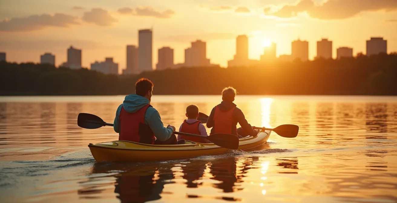 Une scène symbolique montrant une famille canadienne profitant d'une activité en plein air au coucher du soleil, représentant l'équilibre vie professionnelle et personnelle, avec des éléments naturels et urbains représentant la société canadienne.