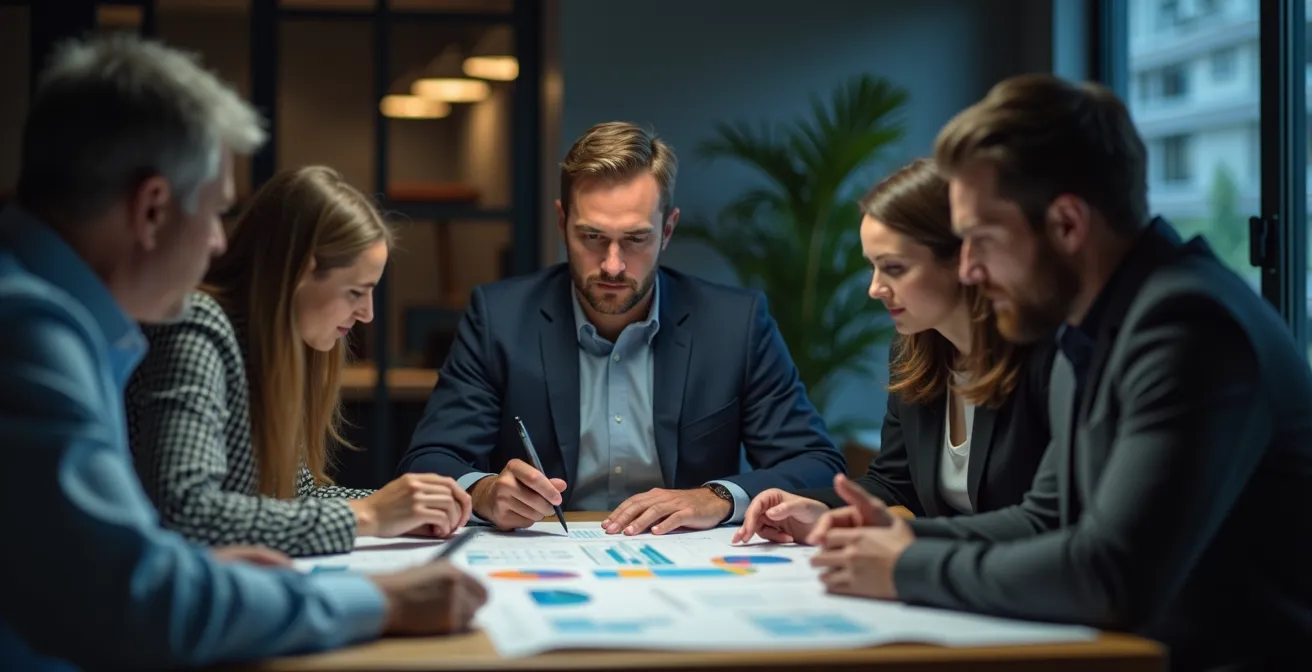 Illustration représentant un dirigeant de PME entouré de son équipe de mentors et experts stratégiques, avec graphiques de croissance en arrière-plan.