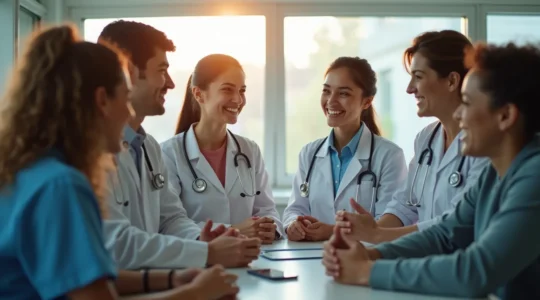 Illustration symbolique du système de santé canadien montrant des professionnels de santé divers et des patients de différentes origines dans un environnement moderne et collaboratif.