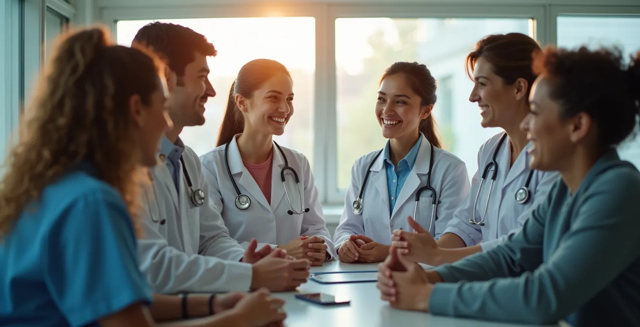 Illustration symbolique du système de santé canadien montrant des professionnels de santé divers et des patients de différentes origines dans un environnement moderne et collaboratif.