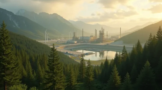 Vue panoramique d'un paysage canadien combinant forêts, mines et installations pétrolières intégrant des éléments symboliques d'écologie et de technologie propre