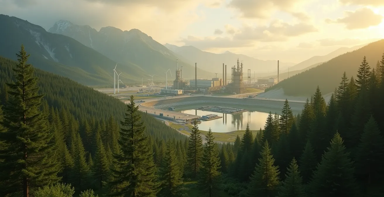 Vue panoramique d'un paysage canadien combinant forêts, mines et installations pétrolières intégrant des éléments symboliques d'écologie et de technologie propre
