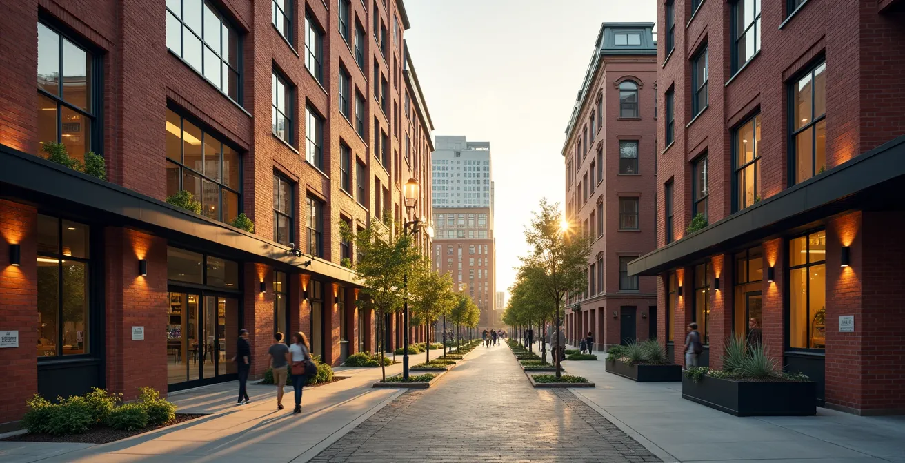 Vue contemporaine d'anciennes usines et entrepôts réhabilités, mêlant espaces culturels et logements modernes à Toronto et Montréal