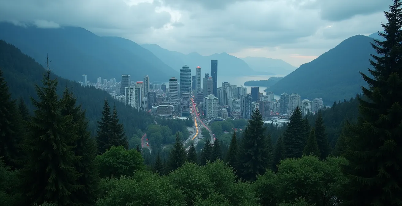 Scène mêlant nature luxuriante et architectures modernes à Vancouver, symbolisant le contraste entre utopie urbaine et réalités sociales.