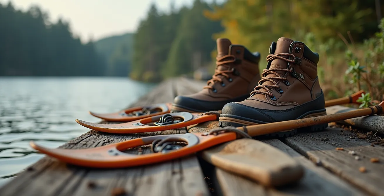 Gros plan détaillé d'équipement de plein air sur surface de bois naturel