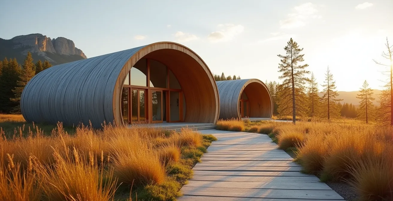 Bâtiment moderne intégrant des éléments architecturaux autochtones traditionnels dans un environnement naturel canadien