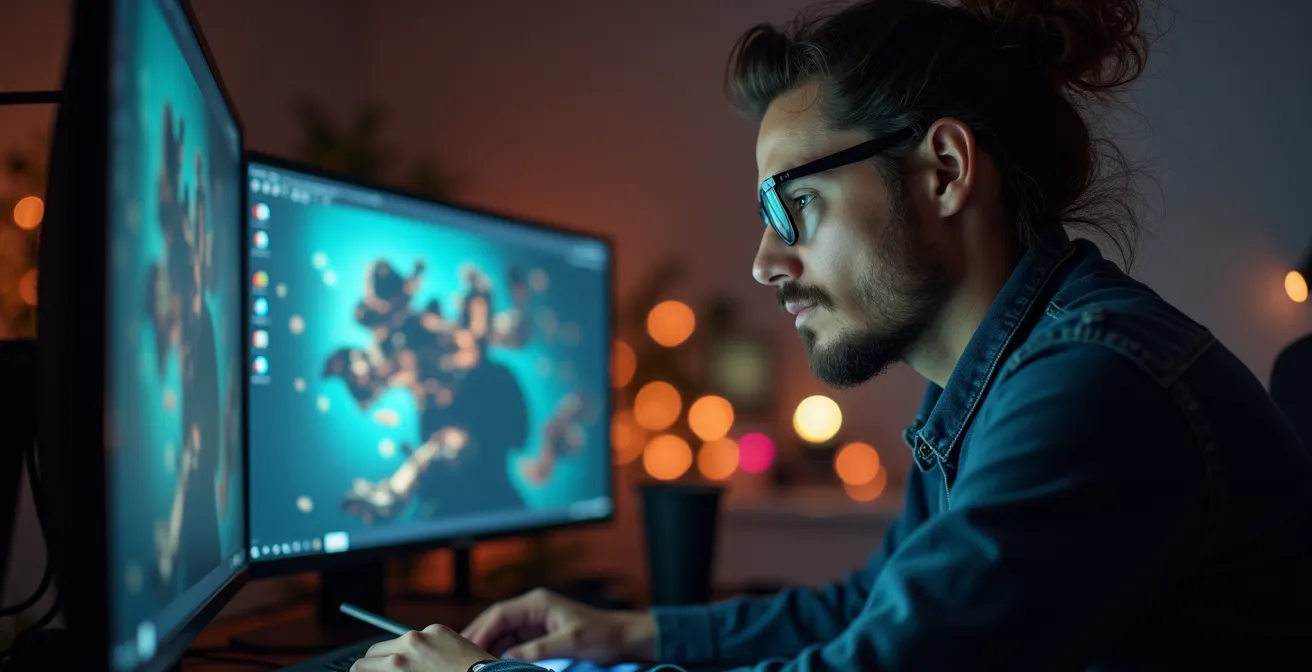 Portrait rapproché d'un artiste VFX concentré sur son travail, éclairé par la lueur de son écran
