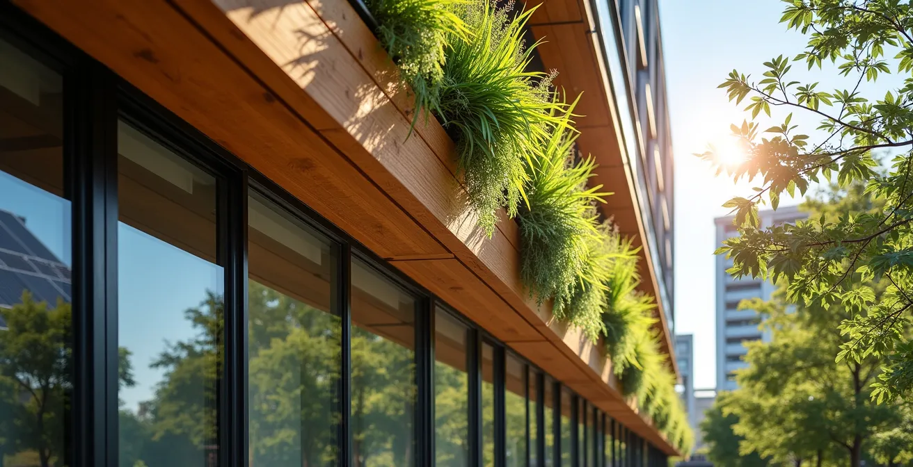 Bâtiment moderne avec certification LEED montrant des matériaux durables et technologies vertes