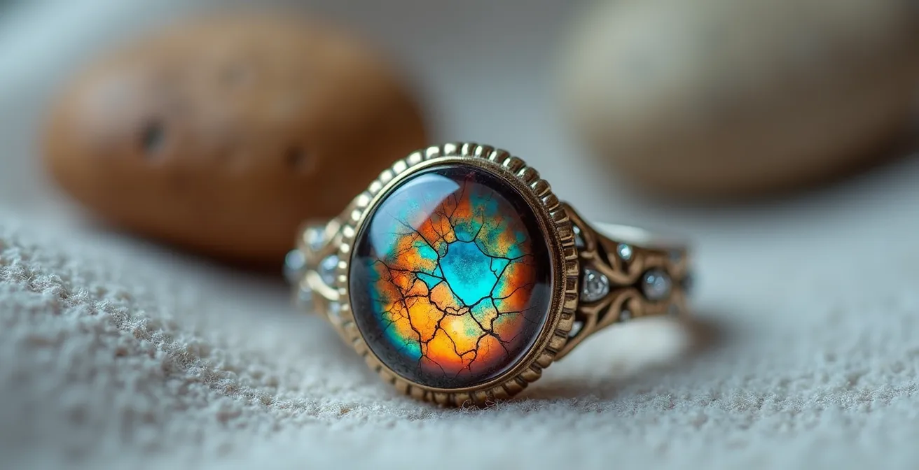 Gros plan sur des bijoux artisanaux canadiens incorporant des matériaux typiques comme l'ammolite et le bois de grève