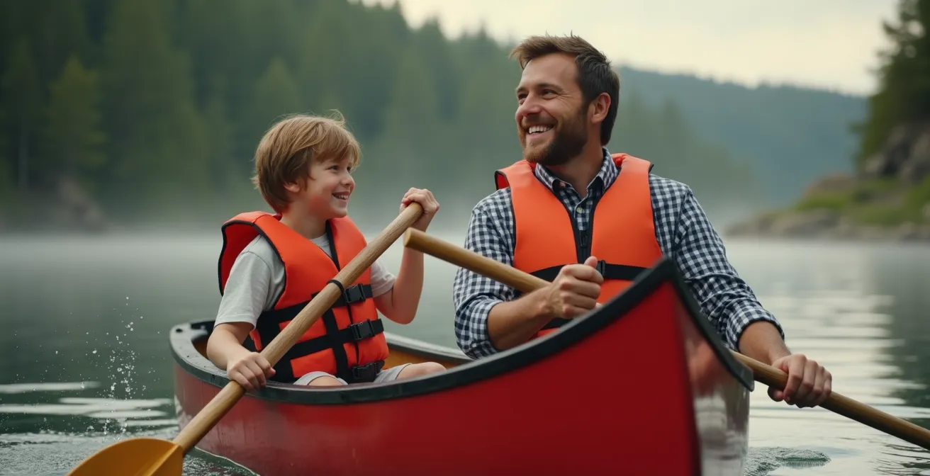 Canoë rouge sur un lac calme entouré de forêt boréale canadienne