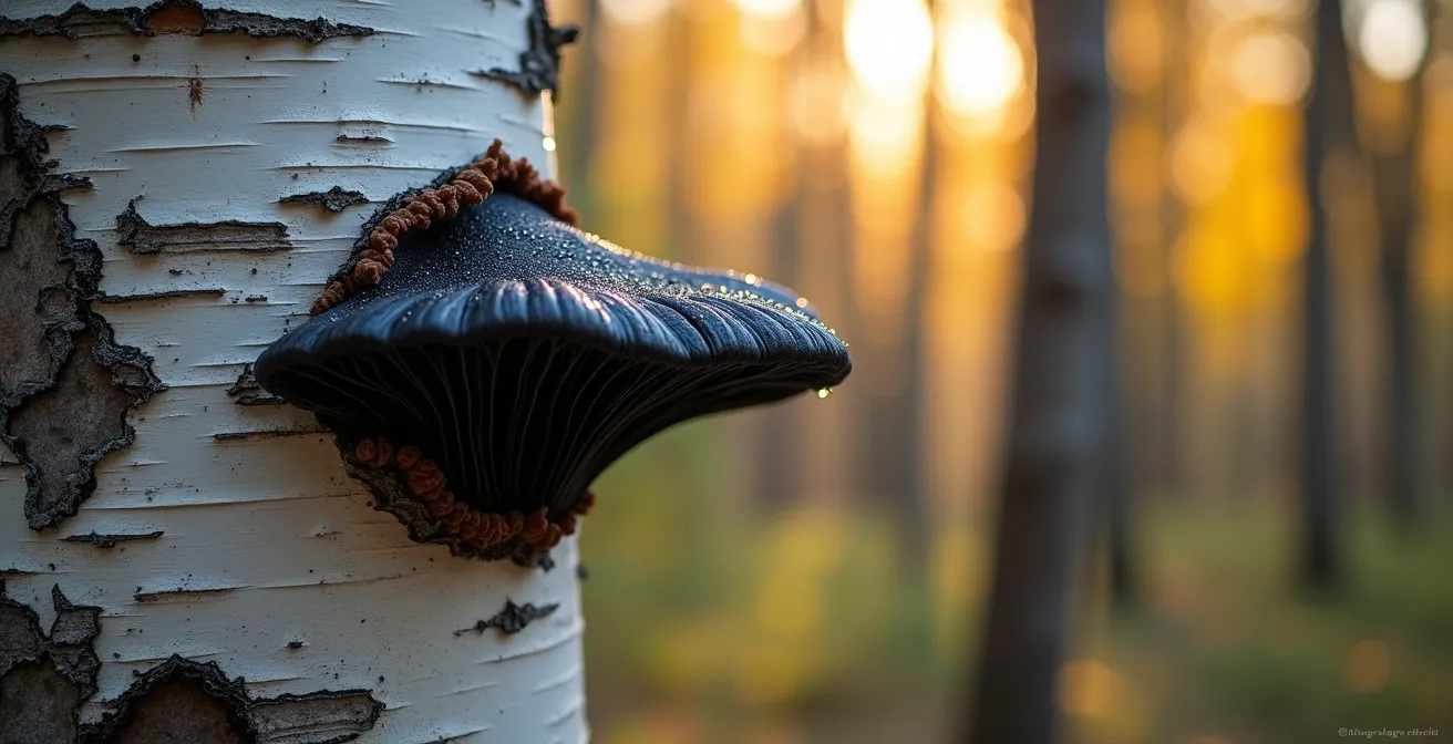 Champignon chaga sur tronc de bouleau dans la lumière dorée de la forêt boréale