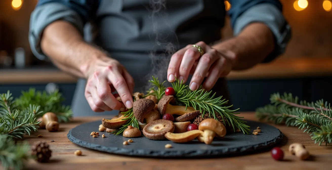 Chef préparant des ingrédients sauvages de la forêt boréale canadienne dans une cuisine moderne