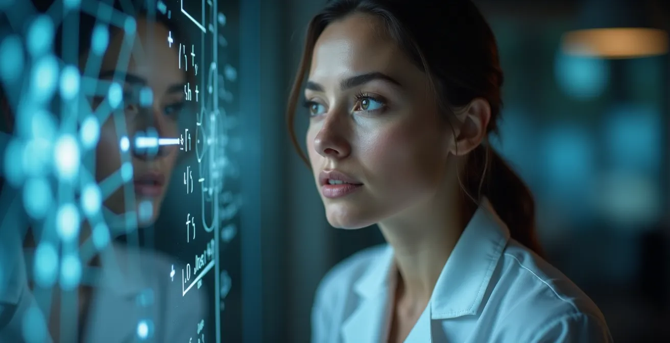 Portrait rapproché d'une chercheuse canadienne en IA réfléchissant devant un tableau de formules mathématiques abstraites