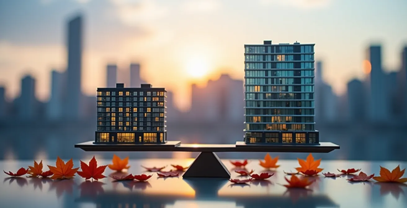 Comparaison visuelle entre un immeuble de bureaux moderne et un complexe résidentiel au Canada