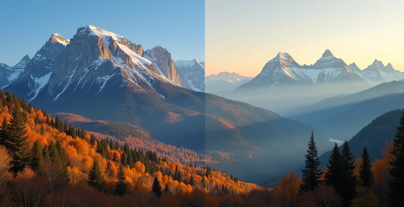 Vue panoramique montrant le contraste entre les pics escarpés des Rocheuses et les collines douces des Appalaches