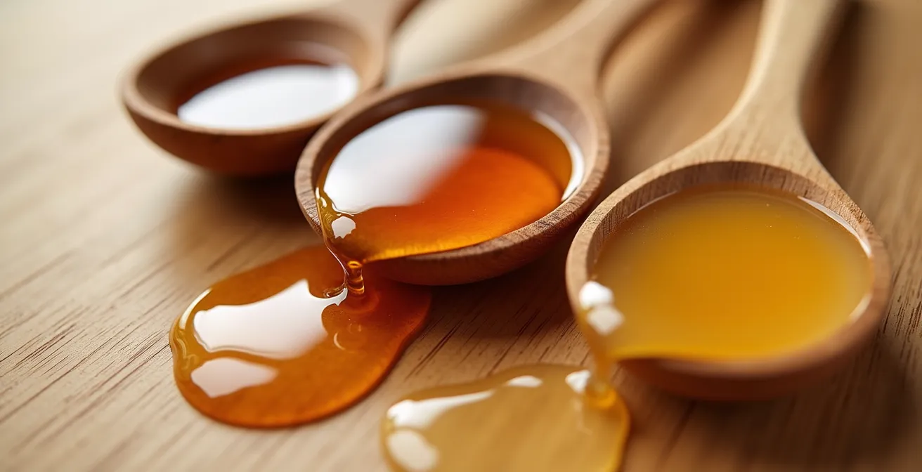 Trois cuillères en bois avec sirop d'érable ambré, agave clair et miel doré disposées sur une surface d'érable